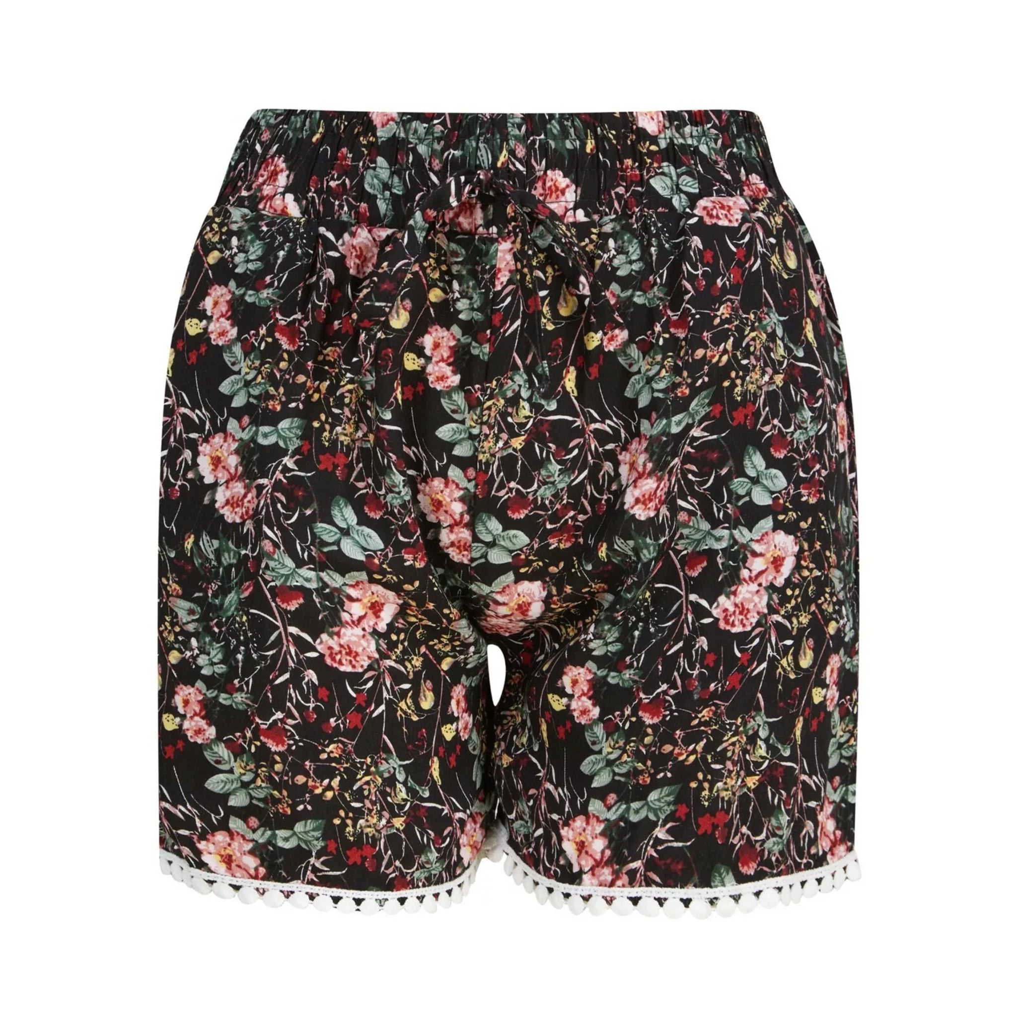 Ladies' black 100% cotton floral print shorts with pink and red flowers, drawstring waist, and pom-pom trim β lightweight casual summer holiday shorts